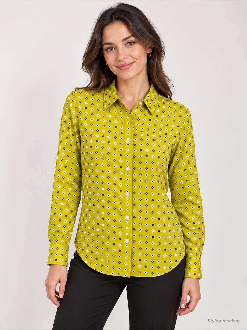 Jones New York Chartreuse Diamond-Print Button-Down Shirt